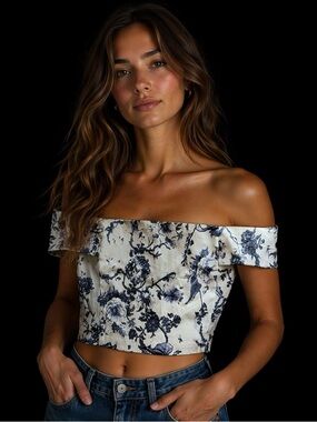 NWT Off-Shoulder Floral Crop Top in Cream and Navy - Size MEDIUM